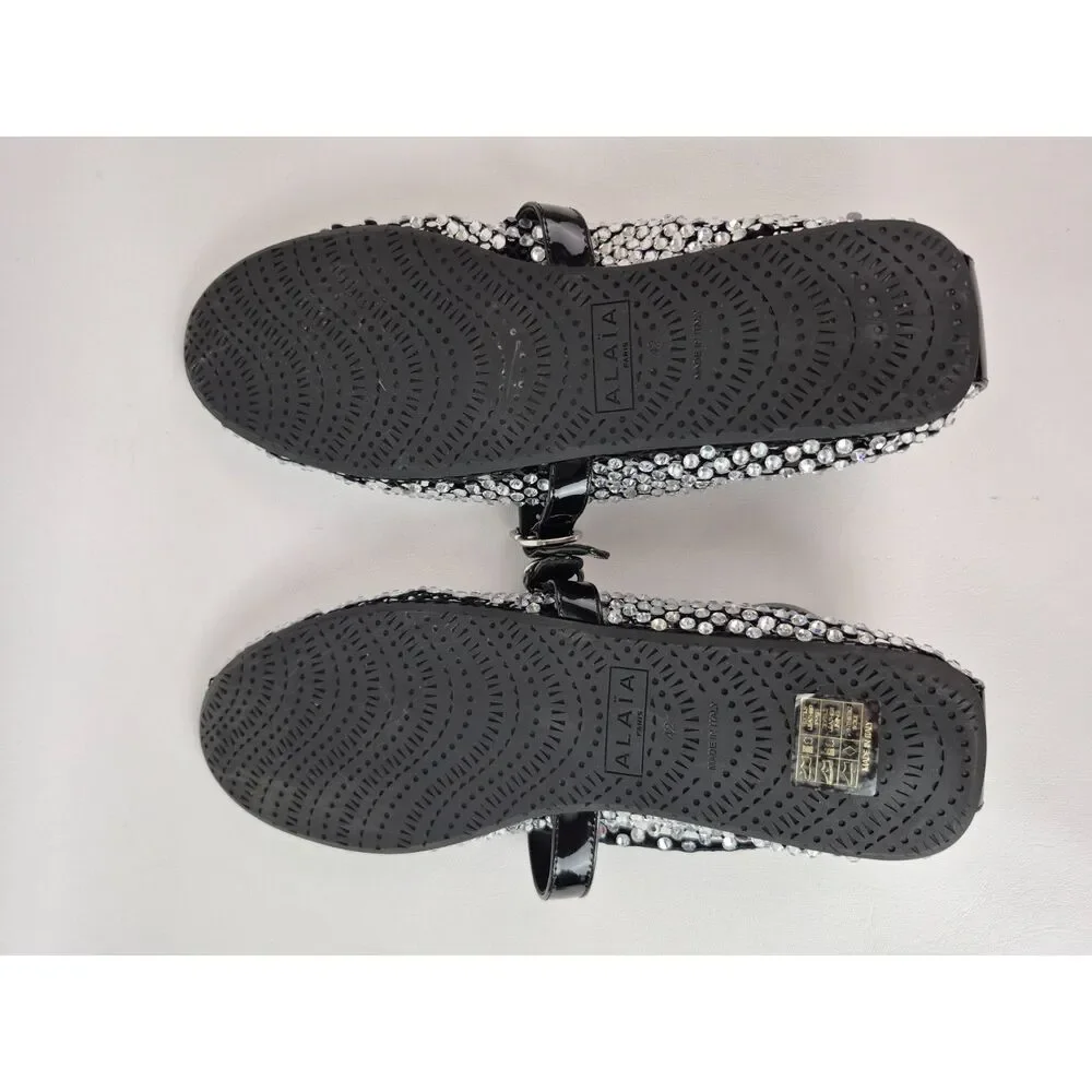 Alaïa Womens Black Crystal Embellished Mesh Patent Ballerina Flats Size 42 Alaia